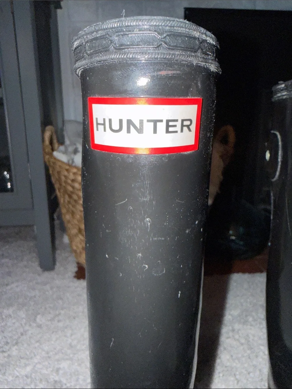 Hunter glossy tall black boots w/ cream sock insert. Collegiate waterproof cozy